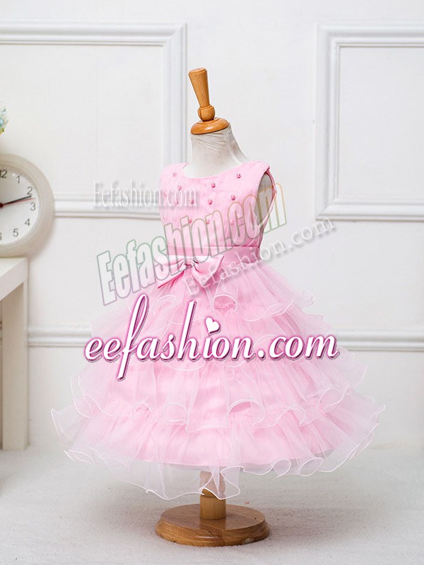  Organza Sleeveless Tea Length Flower Girl Dresses for Less and Ruffled Layers and Bowknot
