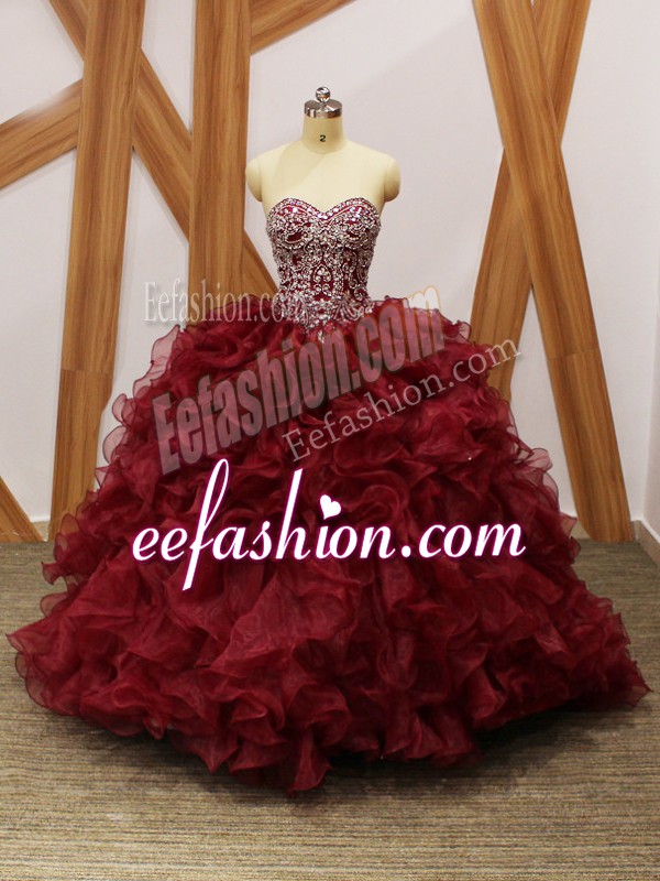 Pretty Ball Gowns Sleeveless Burgundy Quinceanera Dress Brush Train Lace Up