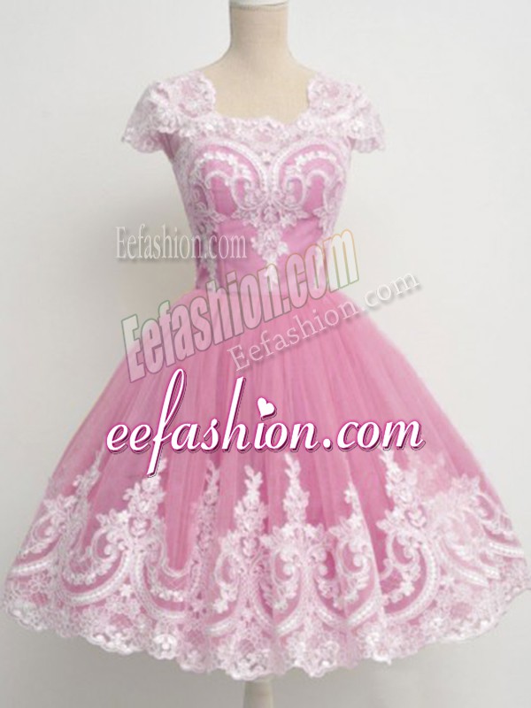 Beautiful Rose Pink Tulle Zipper Square Cap Sleeves Knee Length Wedding Guest Dresses Lace