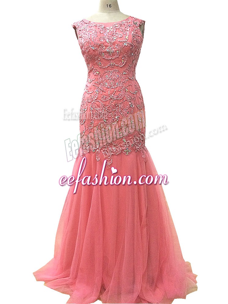  Watermelon Red Zipper Evening Gowns Beading and Lace and Appliques Sleeveless Floor Length