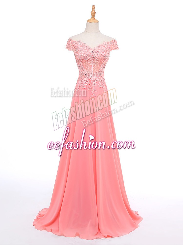 Wonderful Watermelon Red Off The Shoulder Zipper Lace and Appliques Formal Dresses Short Sleeves