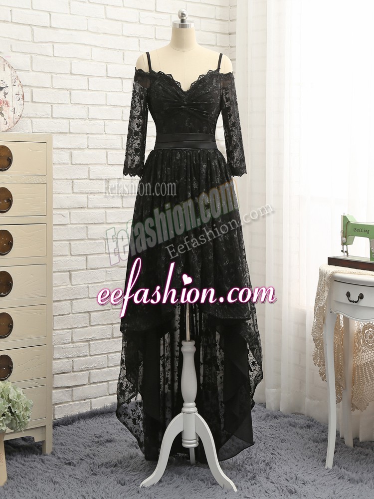 Beautiful High Low Zipper Black for Prom and Party and Wedding Party with Lace
