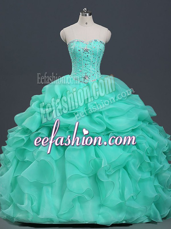  Apple Green Ball Gowns Organza Sweetheart Sleeveless Beading and Ruffles and Pick Ups Floor Length Lace Up Quinceanera Gown