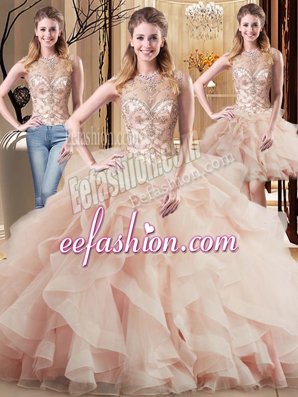 High Quality Sleeveless Brush Train Beading and Ruffles Lace Up Ball Gown Prom Dress