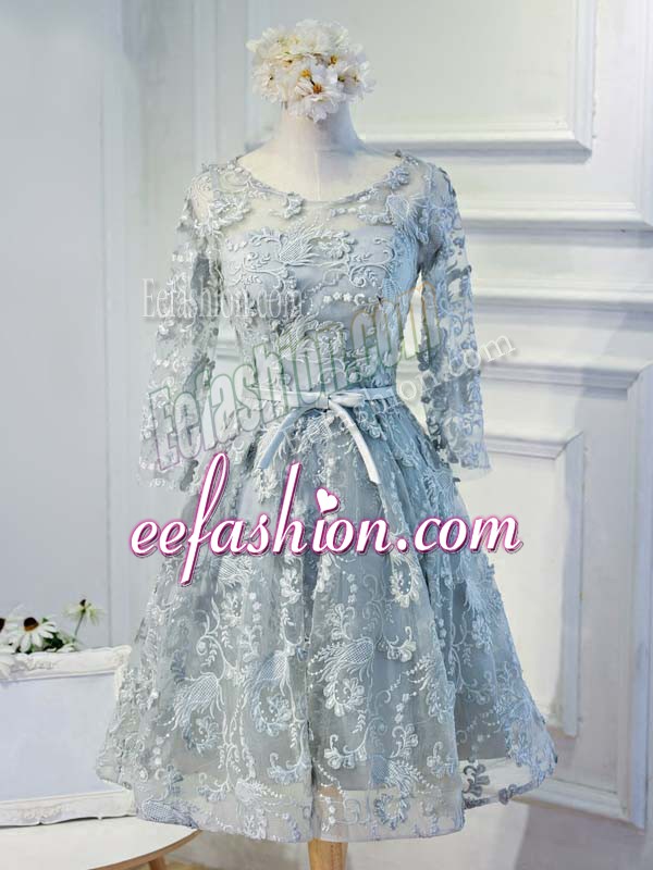  Grey A-line Lace and Appliques and Belt Evening Dress Lace Up Organza Long Sleeves Knee Length