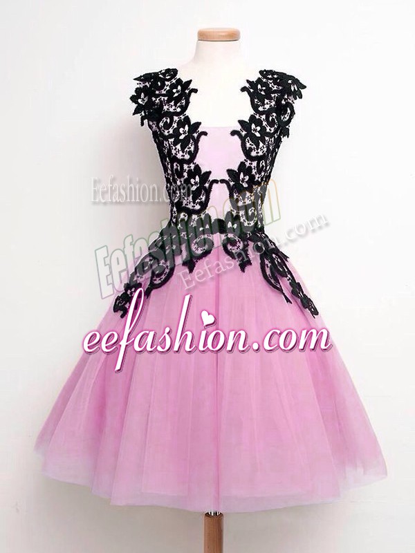 High Class A-line Dama Dress for Quinceanera Lilac Straps Tulle Sleeveless Knee Length Lace Up