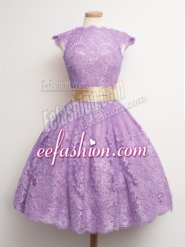 Simple Knee Length Lace Up Damas Dress Lavender for Prom and Party and Wedding Party with Belt