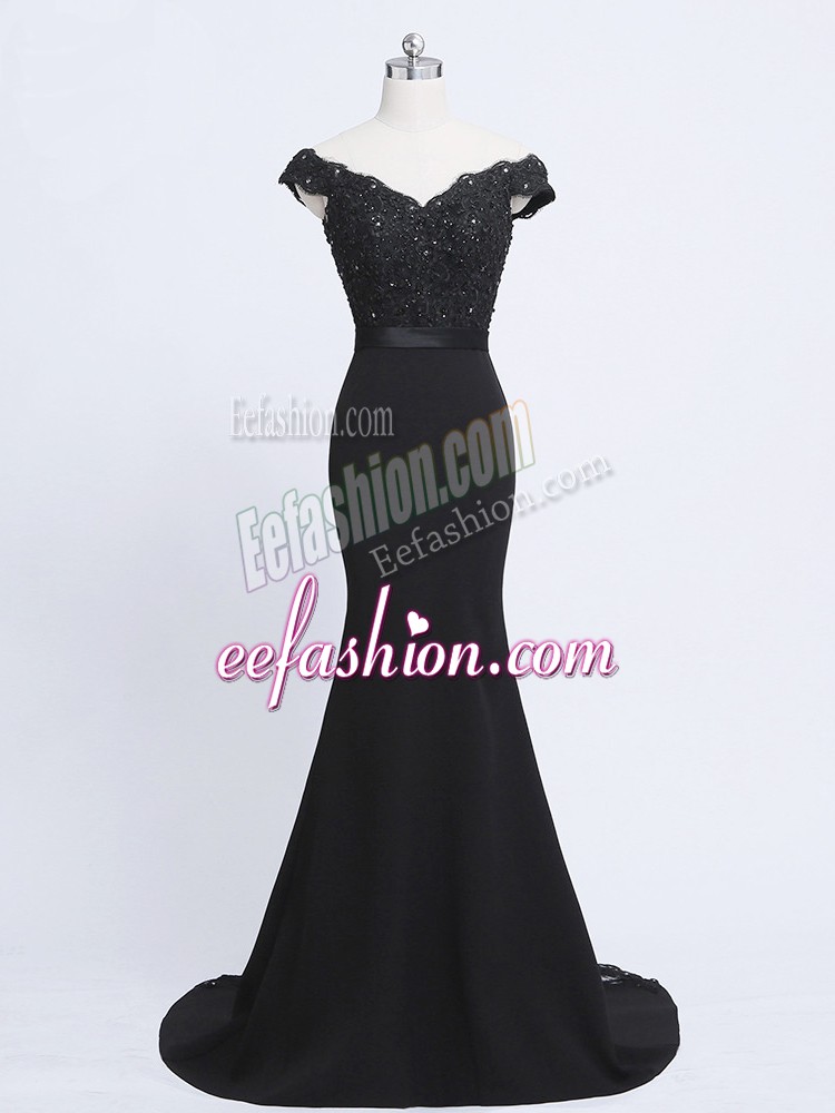 Exceptional Lace and Appliques and Belt Going Out Dresses Black Zipper Sleeveless Brush Train