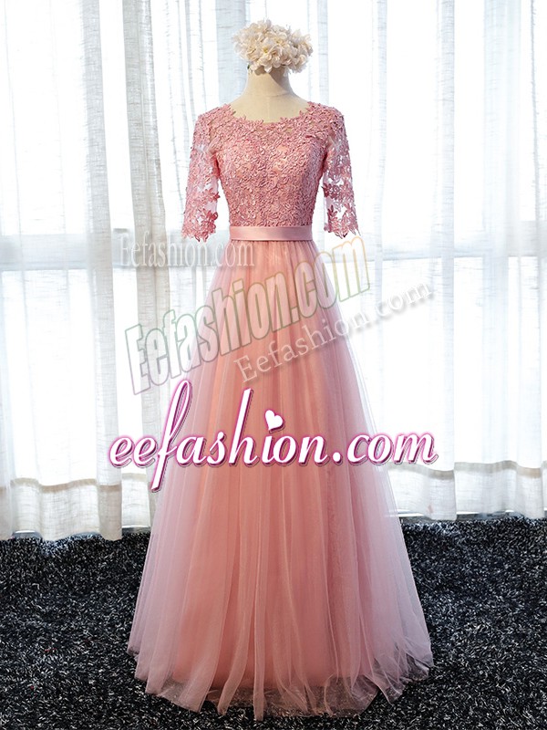 Unique Half Sleeves Floor Length Lace Lace Up Quinceanera Dama Dress with Pink 
