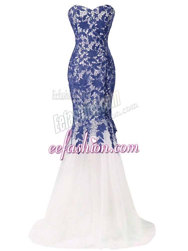  Lace Up Going Out Dresses Blue And White for Prom and Military Ball and Beach with Lace and Appliques Brush Train