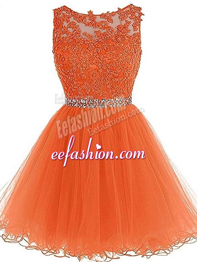 High Class Scoop Sleeveless Winning Pageant Gowns Mini Length Beading and Ruffles Orange Tulle