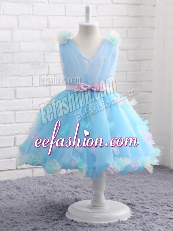  Scoop Sleeveless Kids Formal Wear Knee Length Appliques and Hand Made Flower Baby Blue Organza