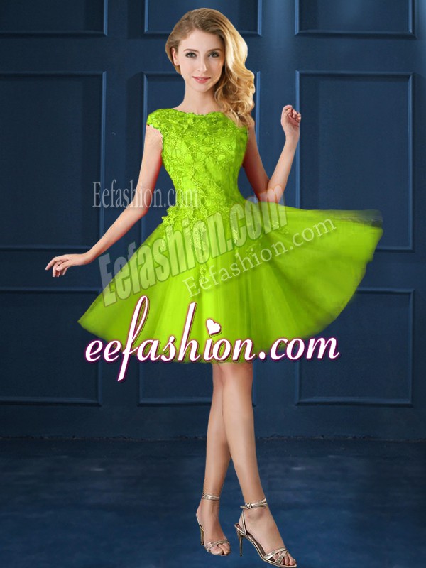  Yellow Green Bateau Lace Up Lace and Appliques Bridesmaid Gown Cap Sleeves