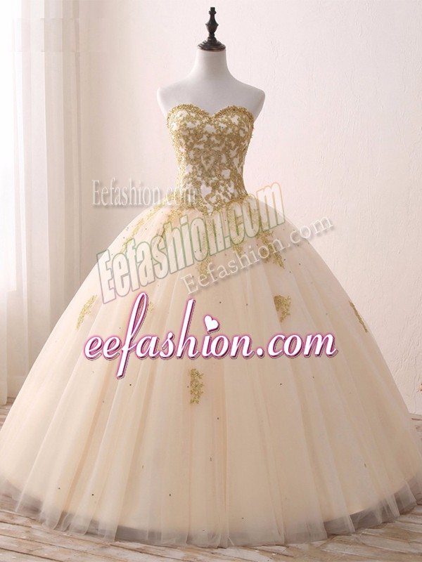  Champagne Ball Gowns Sweetheart Sleeveless Tulle Floor Length Lace Up Beading and Lace and Appliques Quinceanera Dresses