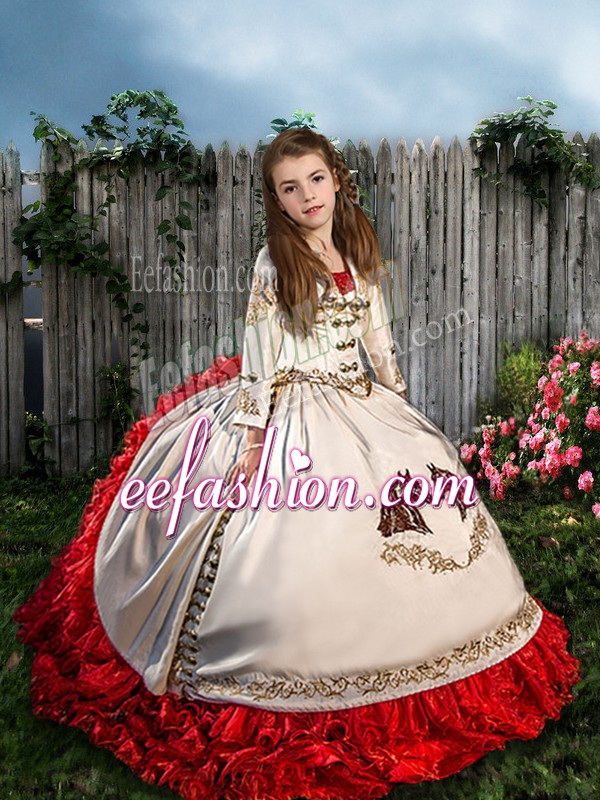  White And Red Sleeveless Beading and Embroidery and Ruffles Lace Up Pageant Gowns For Girls