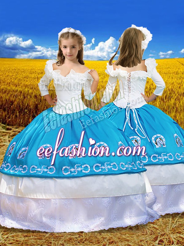 Blue And White Off The Shoulder Neckline Embroidery and Ruffles Kids Pageant Dress 3 4 Length Sleeve Lace Up