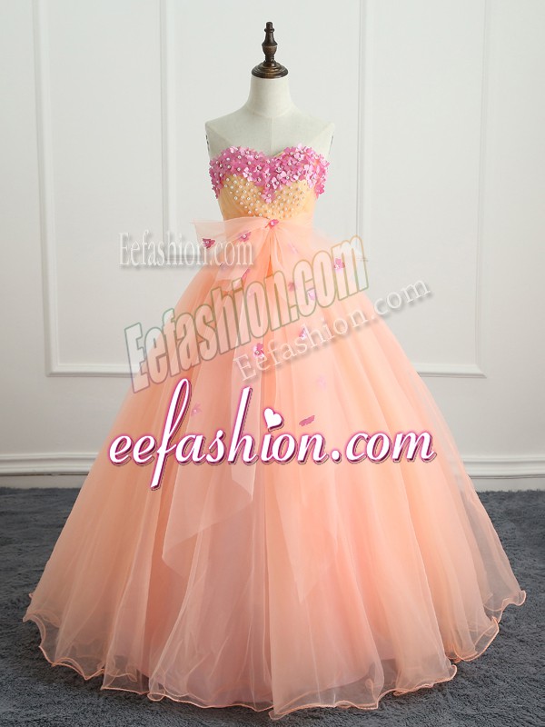 Flare Floor Length Peach Quinceanera Gown Organza Sleeveless Beading and Appliques and Bowknot