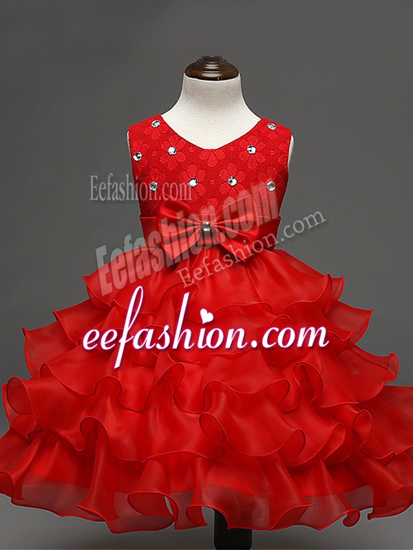  Scoop Sleeveless Organza Little Girls Pageant Dress Wholesale Lace and Ruffled Layers and Bowknot Zipper