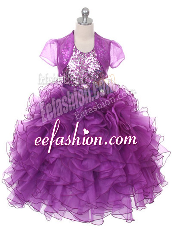  Purple Scoop Lace Up Ruffles and Sequins and Bowknot Little Girls Pageant Dress Sleeveless