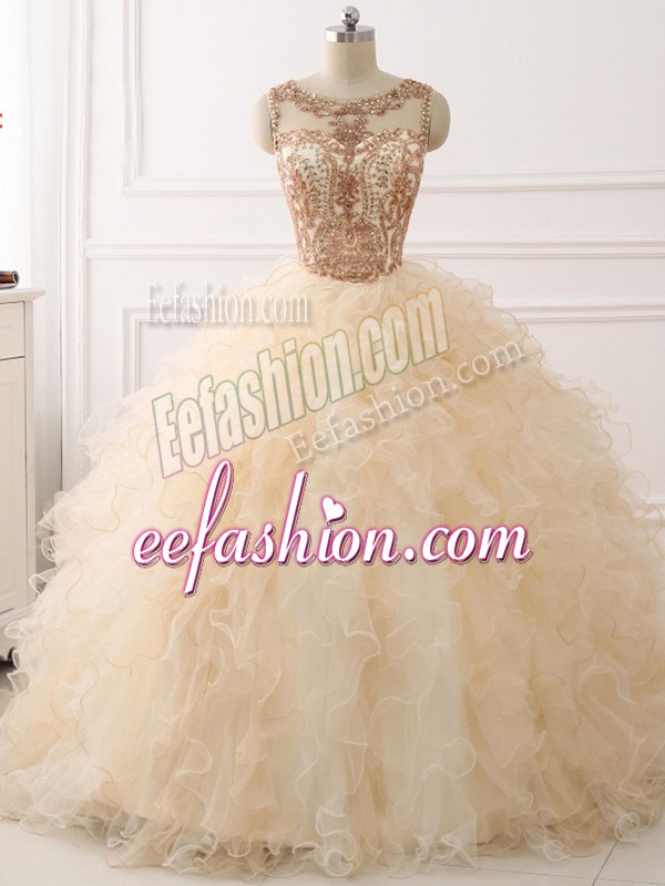 Scoop Sleeveless Organza Quinceanera Dress Beading and Ruffles Sweep Train Lace Up