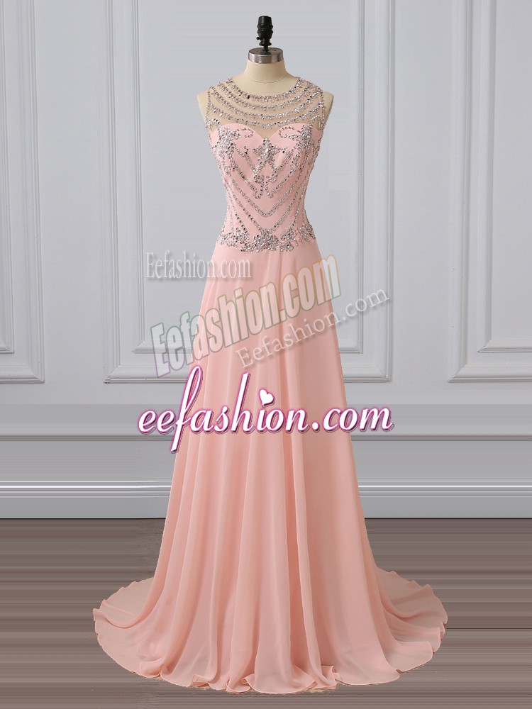 Side Zipper Peach for Prom and Military Ball and Sweet 16 with Beading Brush Train