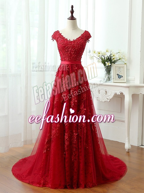  Red Evening Dress Prom and Party with Lace and Appliques V-neck Cap Sleeves Brush Train Lace Up