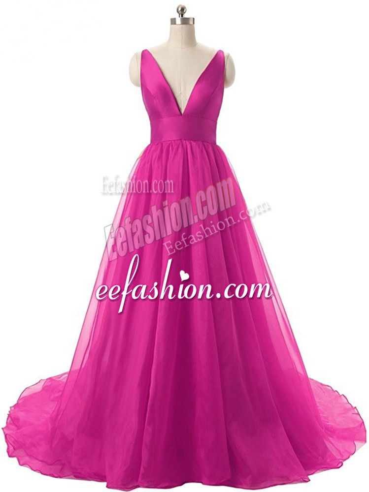 Simple Fuchsia Backless V-neck Ruching Ball Gown Prom Dress Organza Sleeveless Brush Train