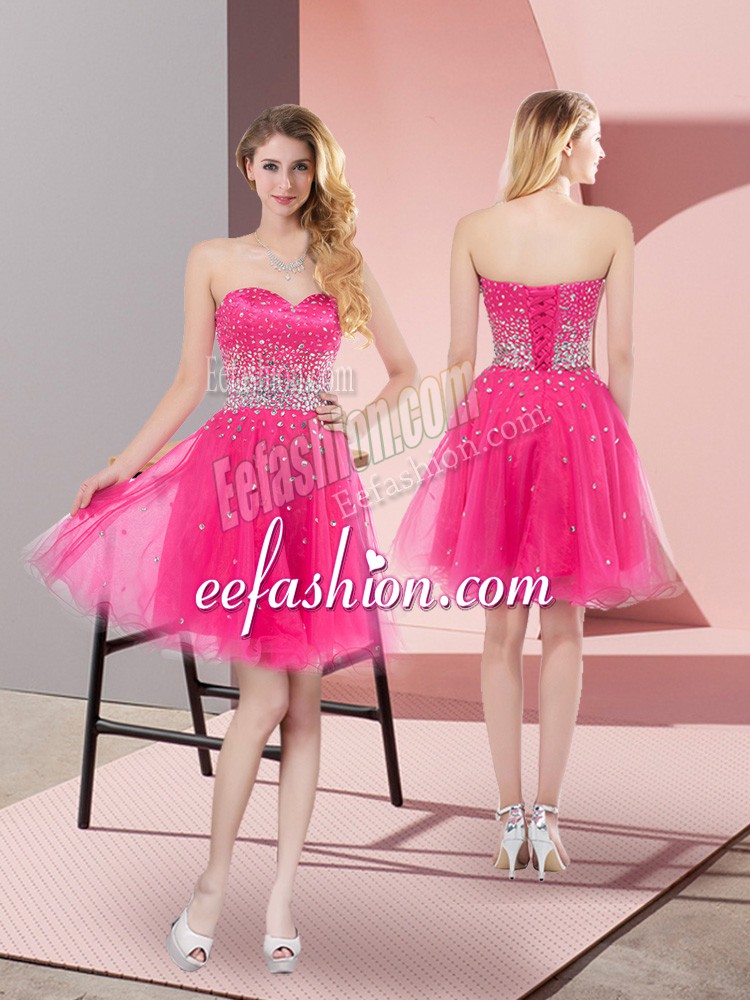  Tulle Sweetheart Sleeveless Lace Up Beading Prom Gown in Hot Pink