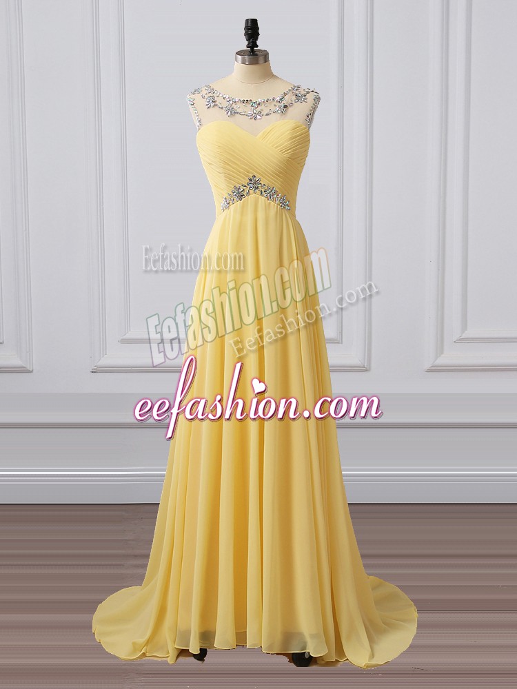 Ideal Yellow Prom Dress Prom and Party with Beading and Ruching Scoop Sleeveless Brush Train Clasp Handle