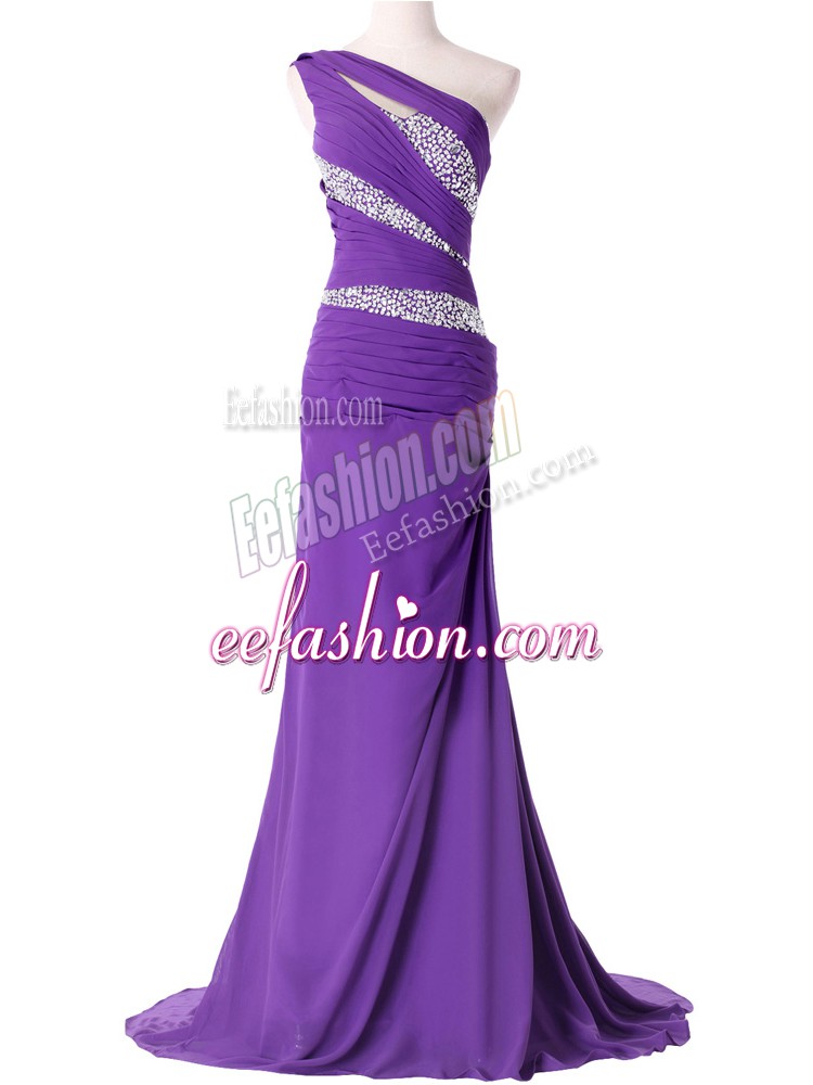  Beading and Ruching Formal Evening Gowns Purple Lace Up Sleeveless Brush Train