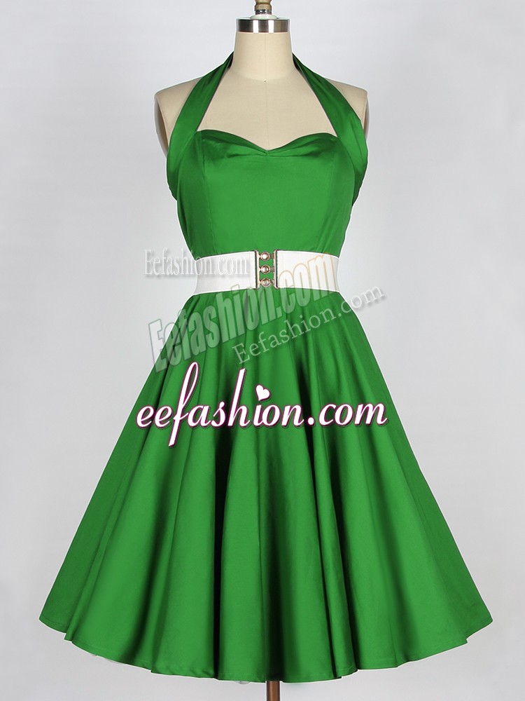 Elegant A-line Taffeta Halter Top Sleeveless Belt Knee Length Lace Up Bridesmaid Dress