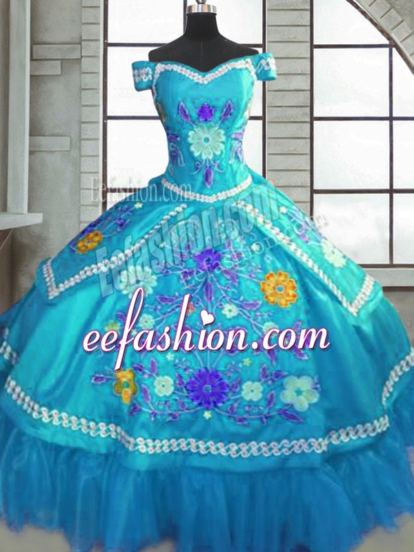  Short Sleeves Taffeta Floor Length Lace Up Quinceanera Dress in Teal with Beading and Embroidery