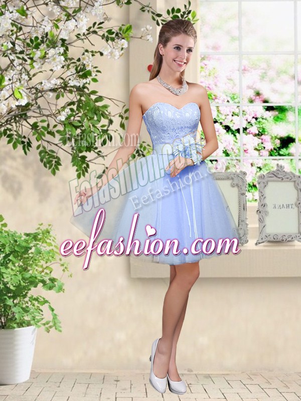  Lavender A-line Tulle Sweetheart Sleeveless Lace and Belt Knee Length Lace Up Vestidos de Damas