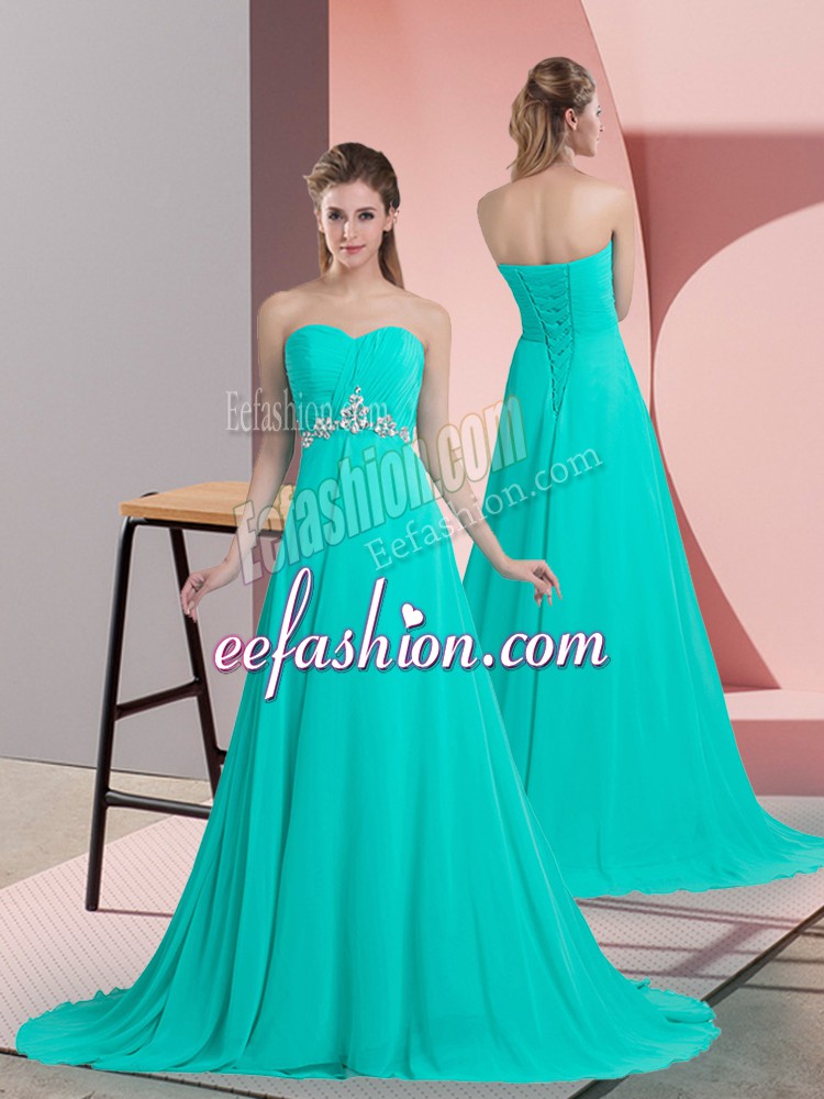 Fitting Turquoise Prom Evening Gown Sweetheart Sleeveless Brush Train Lace Up