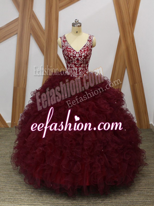 Best Floor Length Backless Quinceanera Dresses Burgundy for Military Ball and Sweet 16 and Quinceanera with Beading and Ruffles
