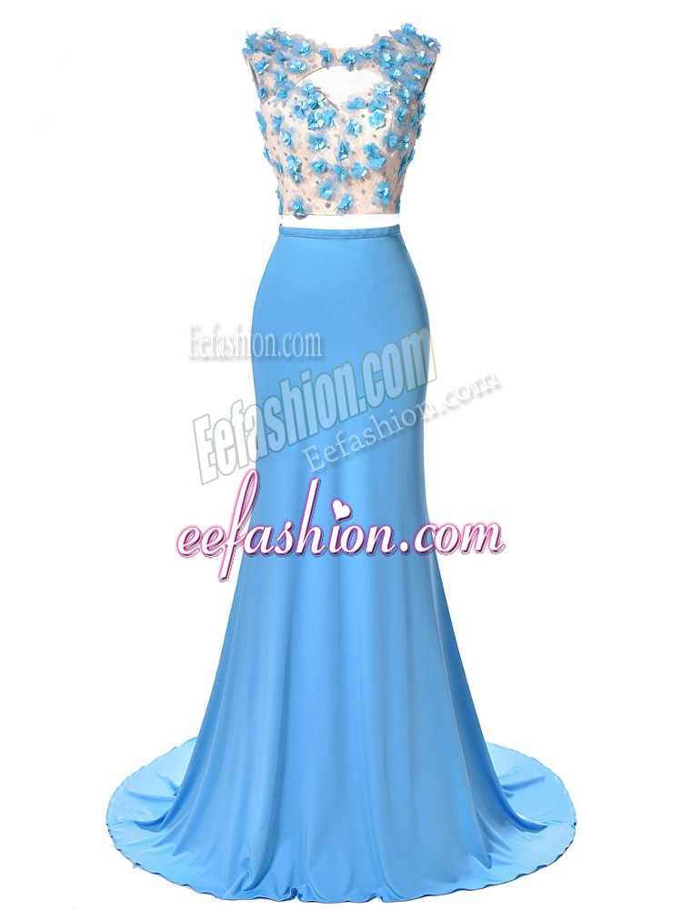  Blue Prom Gown Prom and Military Ball and Sweet 16 with Hand Made Flower Scoop Sleeveless Brush Train Backless