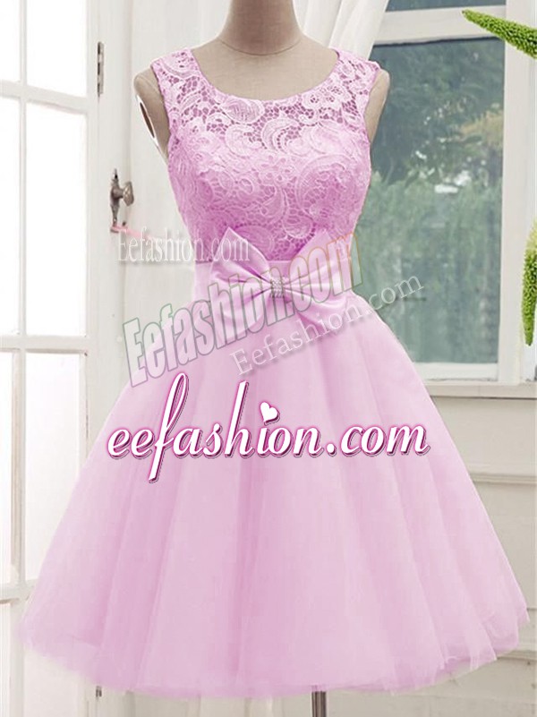 Hot Selling Scoop Sleeveless Quinceanera Court of Honor Dress Knee Length Lace and Bowknot Lilac Tulle