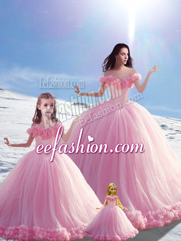 Suitable Off The Shoulder Sleeveless Brush Train Lace Up 15 Quinceanera Dress Baby Pink Tulle