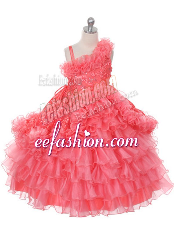 Fashionable Watermelon Red Ball Gowns Asymmetric Sleeveless Organza Floor Length Lace Up Lace and Ruffles and Ruffled Layers Child Pageant Dress