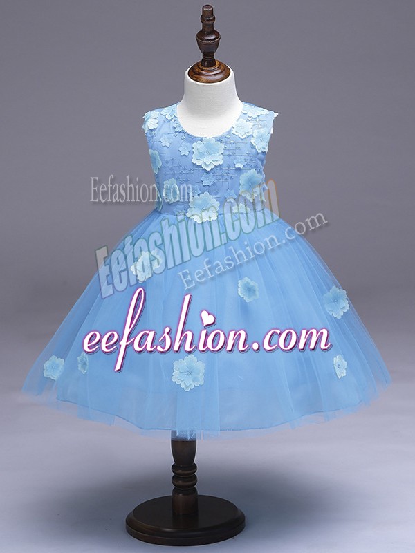 Inexpensive Tulle Scoop Sleeveless Zipper Appliques and Bowknot Little Girls Pageant Dress Wholesale in Light Blue