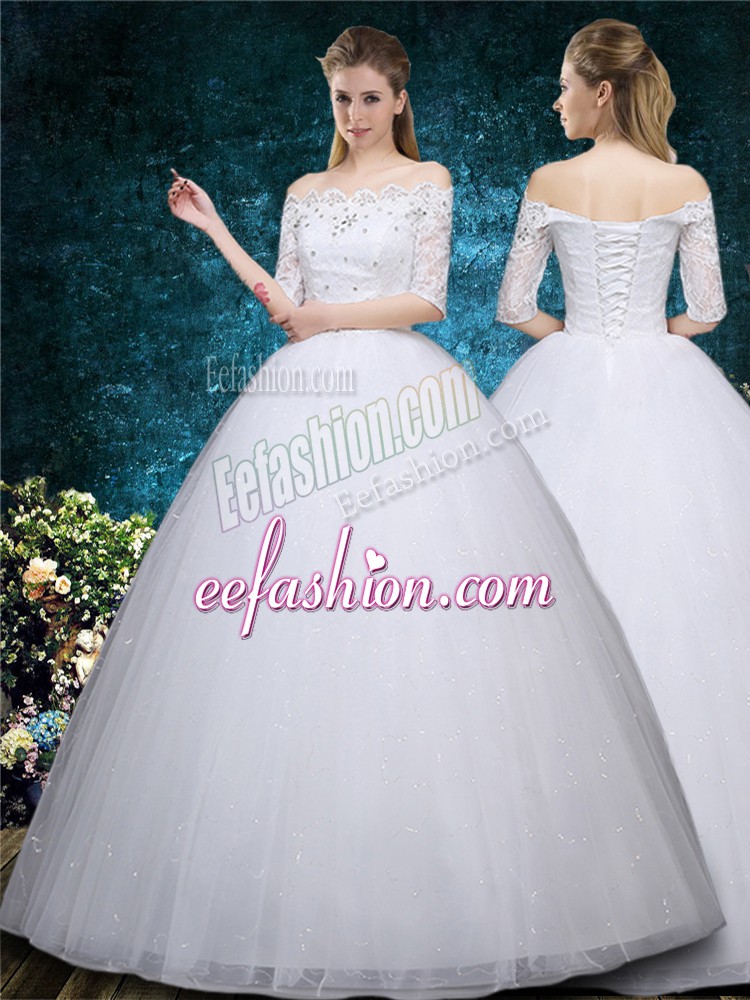 Latest White Scalloped Neckline Beading and Embroidery Wedding Dresses Half Sleeves Lace Up
