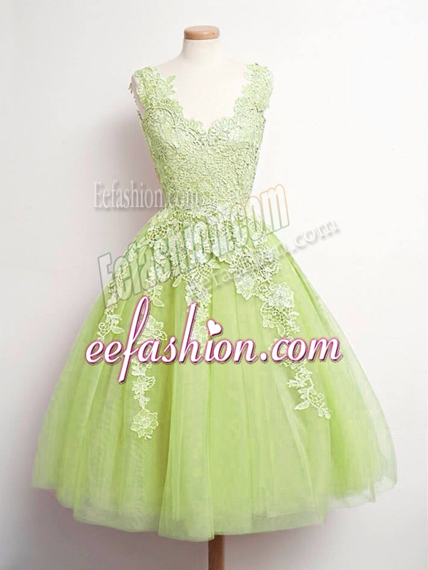 Unique Yellow Green A-line Tulle V-neck Sleeveless Lace Knee Length Lace Up Quinceanera Court of Honor Dress