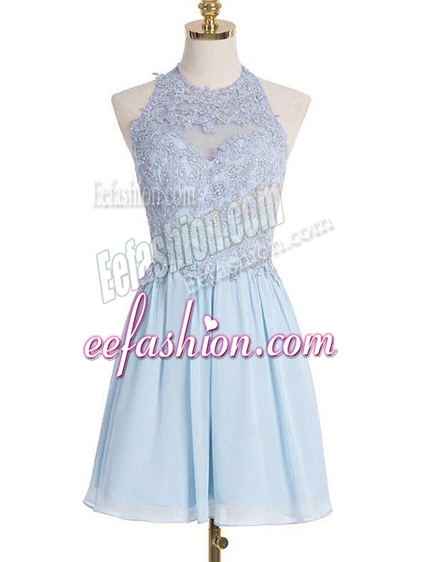 Fantastic Light Blue Empire Appliques Dama Dress for Quinceanera Lace Up Chiffon Sleeveless Knee Length