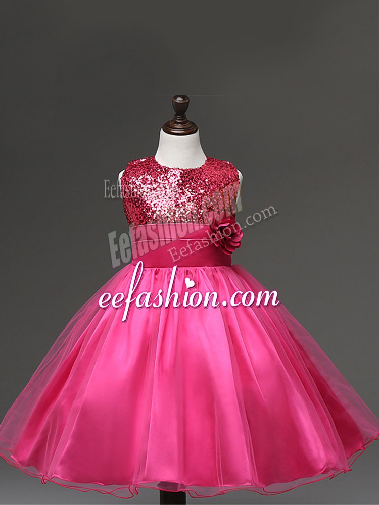 Luxurious Hot Pink Pageant Gowns For Girls Wedding Party with Sequins and Hand Made Flower Scoop Sleeveless Zipper