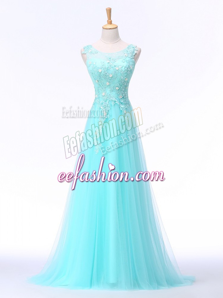 Sexy Aqua Blue Scoop Backless Lace and Appliques Evening Party Dresses Brush Train Sleeveless