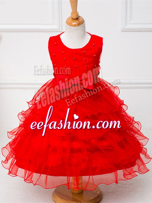  Red Ball Gowns Organza Scoop Sleeveless Ruffled Layers and Bowknot Tea Length Zipper Flower Girl Dresses