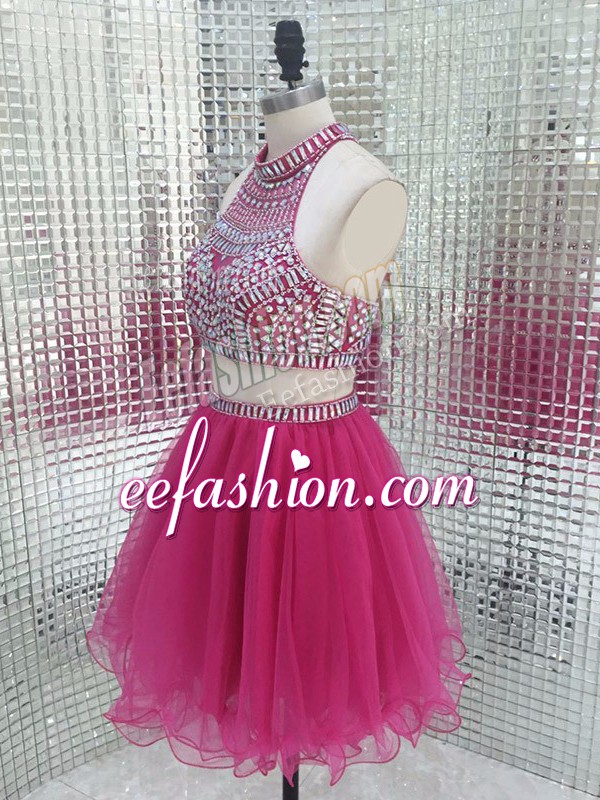  Fuchsia Sleeveless Beading Mini Length Pageant Dress for Teens