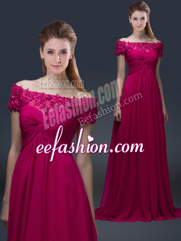 Custom Design Fuchsia Off The Shoulder Neckline Appliques Mother Of The Bride Dress Short Sleeves Lace Up