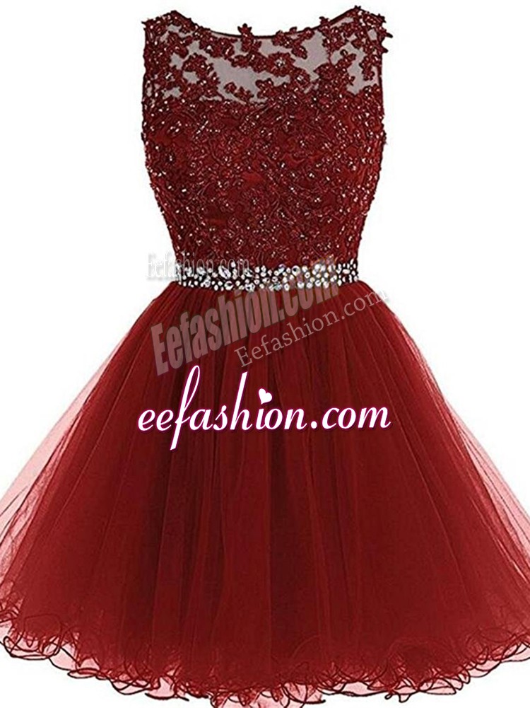  Burgundy A-line Scoop Sleeveless Tulle Mini Length Zipper Beading and Lace and Appliques Prom Evening Gown