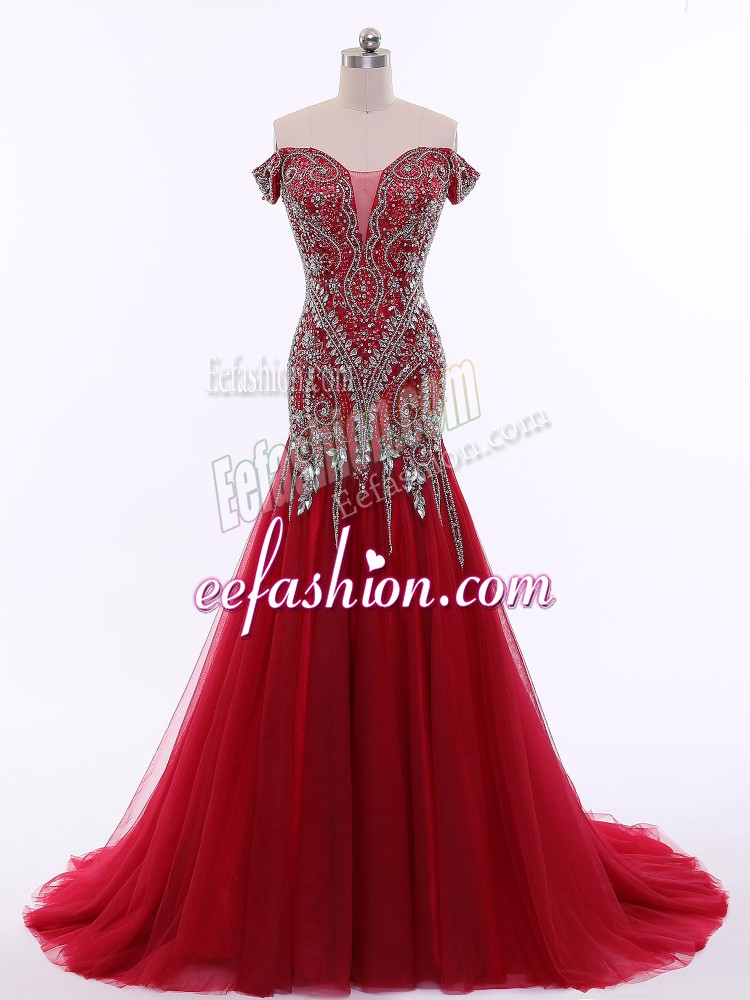 High Class Off The Shoulder Sleeveless Evening Dress Brush Train Beading Red Tulle